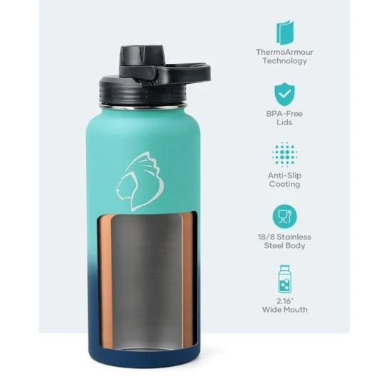 Buzio Trio Series Water Bottle with 3 Lids and Sleeve 1L - Caribbean Blue
